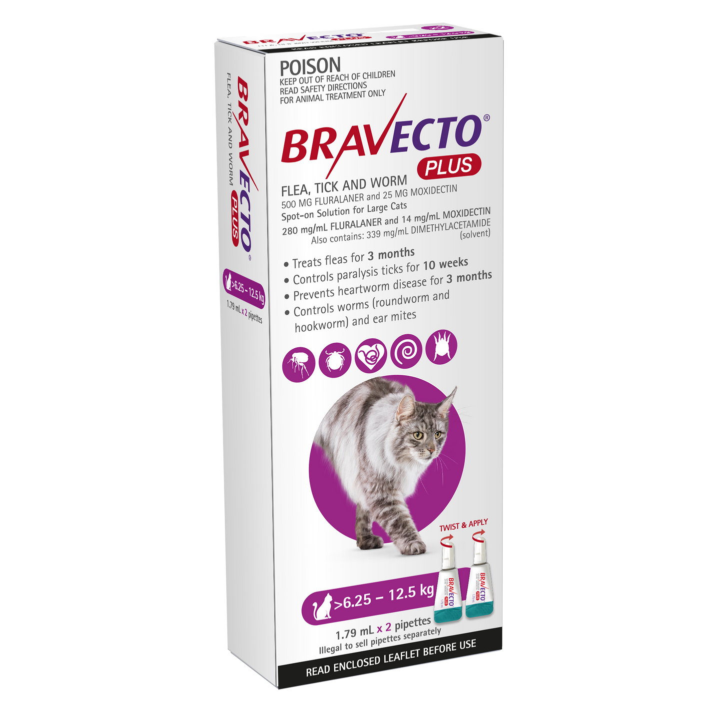 A package of Bravecto Plus Large cat double pack, a flea and tick treatment product for cats. The package is white with red and blue accents, featuring an image of a cat and product details.
