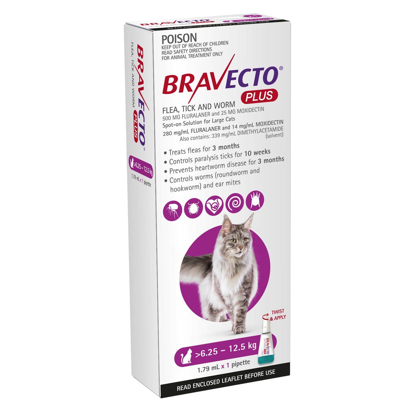 A package of Bravecto Plus Large pack single dose, a flea and tick treatment product for cats. The package is white with red and blue accents, featuring an image of a cat and product details.