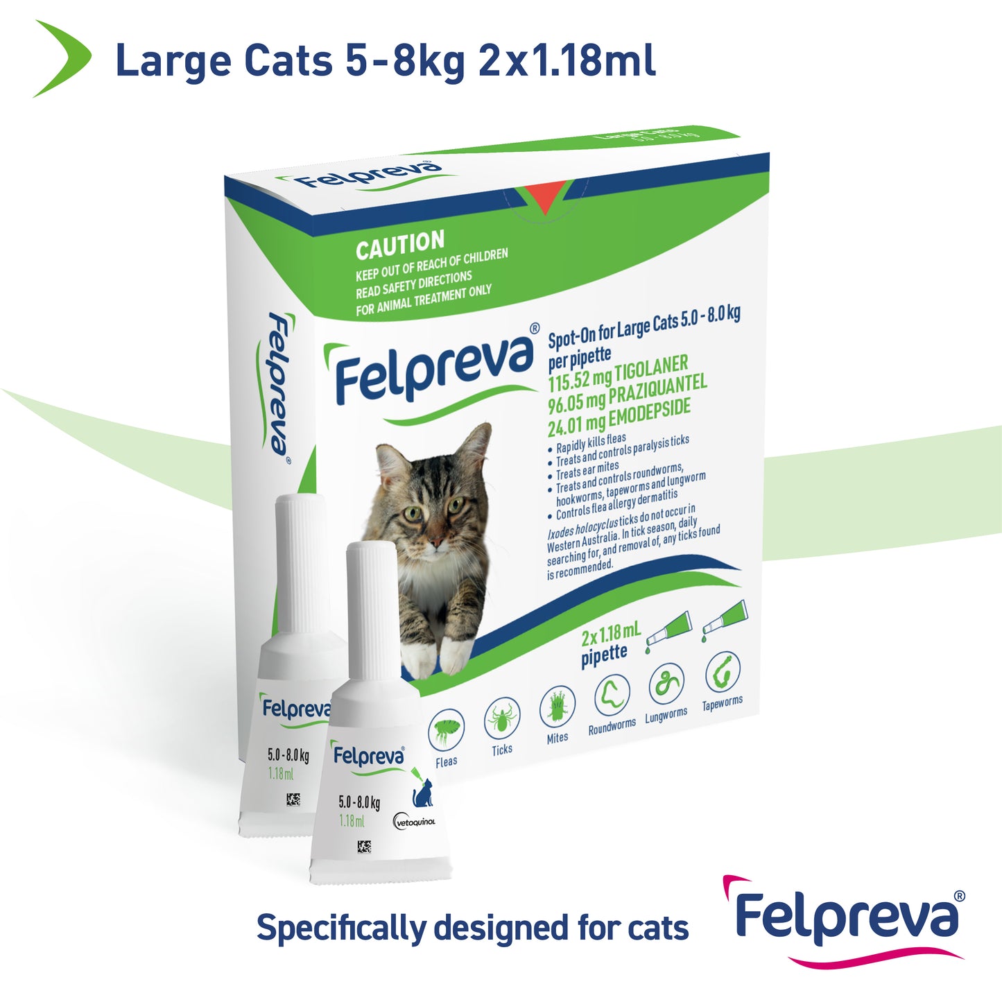 Packaging of Felpreva for cats, indicating it is for medium-sized cats weighing 1.0-2.5kg with a double dose for flea and tick protection.