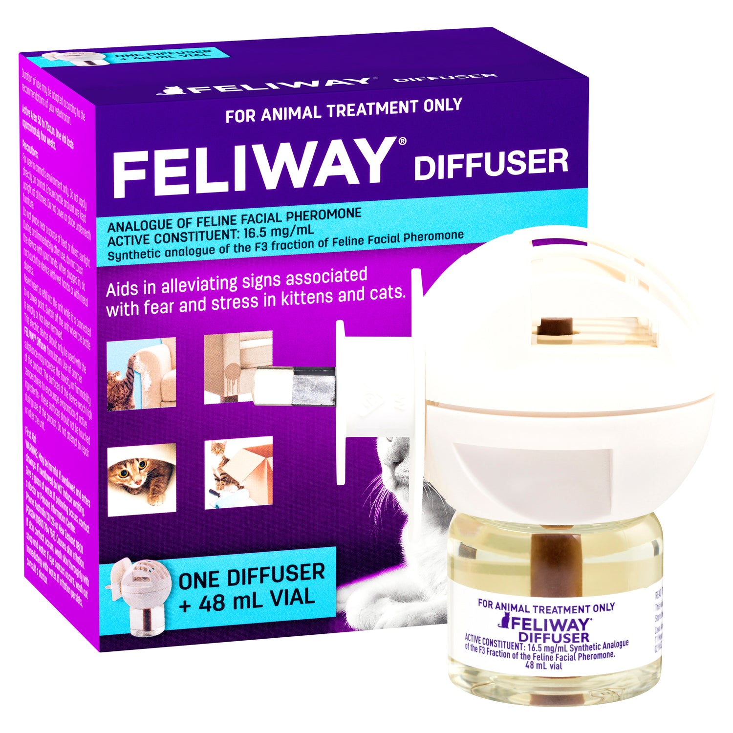An image of the Feliway Diffuser starting pack including the plug-in diffuser, a bottle of Feliway liquid and its box