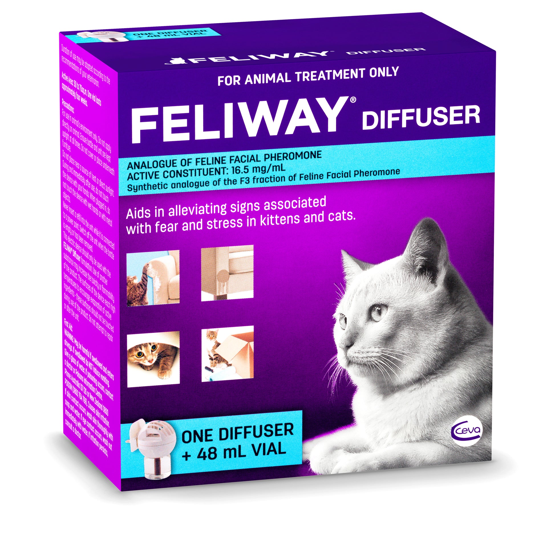 Feliway diffuser packaging with a cat on a purple background